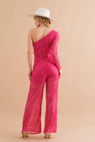 Sequin Fringe Embellish One Shoulder Jumpsuit