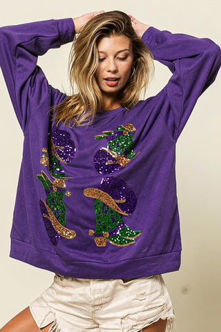 Mardi Gras Sequin Boots Pullover