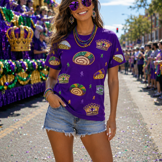 purple mardi gras sequin king cake shirt