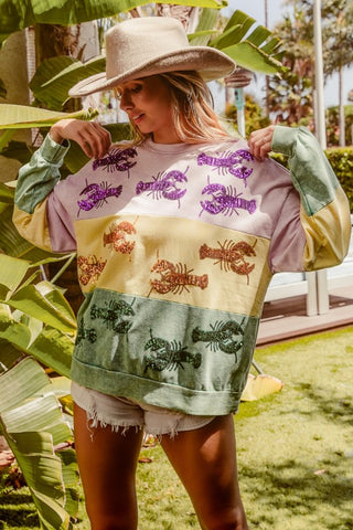 Sequin Crawfish Washed Mardi Gras Sweatshirt