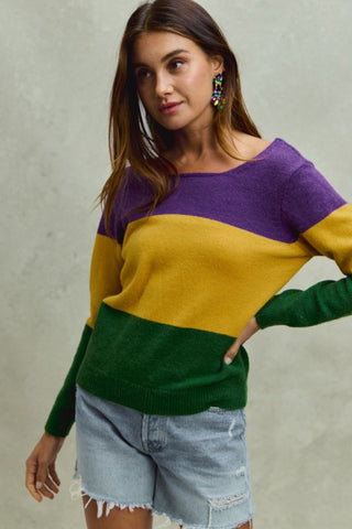 Mardi Gras Color Block Bow Sweater Top