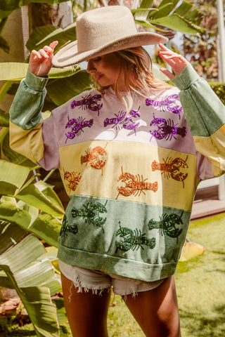 Sequin Crawfish Washed Mardi Gras Sweatshirt