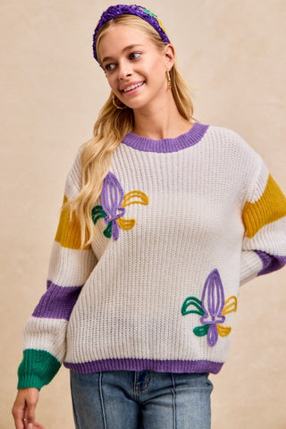 Mardi Gras Theme De Lis Emroidered Sweater Top