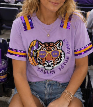 Callin Baton Rouge Tiger Sequin Patch Shirt Purple
