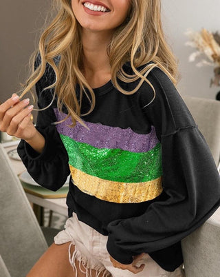 Long Sleeve Sequin Mardi Gras Top black 