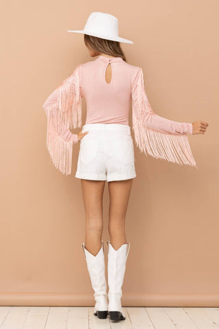Mock Neck Shoulder Fringe Bodysuit
