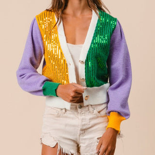 Mardi Gras Color Block Sequin Sweater Cardigan