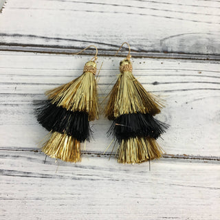 Black and gold tinsel tassel earrings 