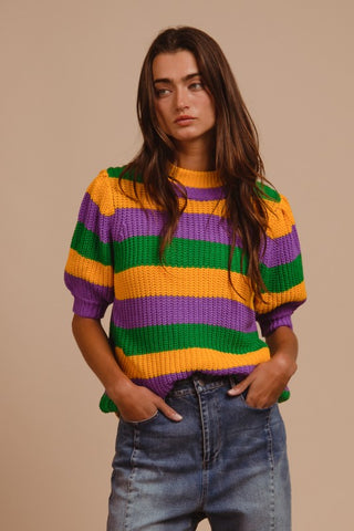 Mardi Gras Stripe Hacci Knit Half Sleeves Top