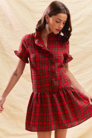 Red Plaid Ruffle Mini Dress Holiday Tartan Button Front Dress SMALL Red Plaid Ruffle Mini Dress Holiday Tartan Button Front Dress SMALL