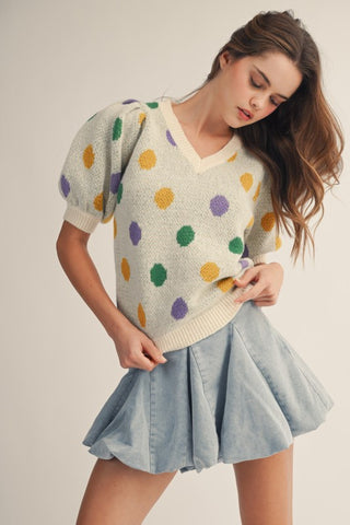 Mardi Gras Polka Dot Cream Sweater Top