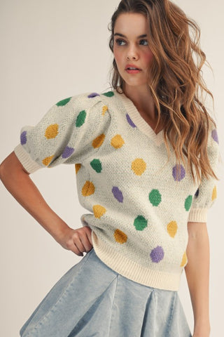 Mardi Gras Polka Dot Cream Sweater Top