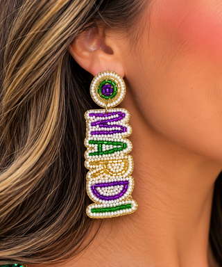Mardi Gras words beaded earrings 