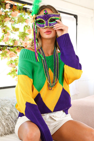 Mardi Gras Argyle Pattern Sweater