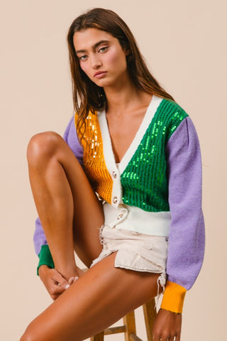 Mardi Gras Color Block Sequin Sweater Cardigan