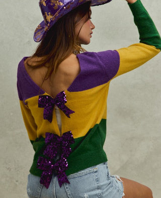 MARDI GRAS COLOR BLOCK SWEATER TOP WITH SEQUINS RIBBON TRIMMED BACK