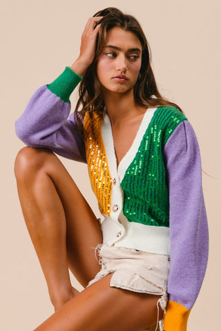 Mardi Gras Color Block Sequin Sweater Cardigan