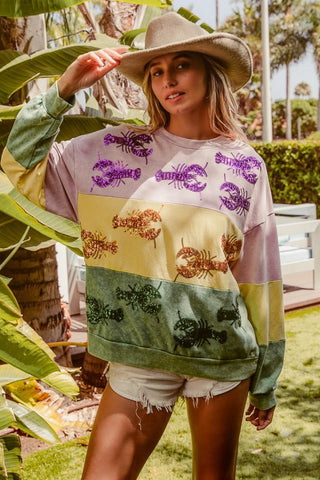 Sequin Crawfish Washed Mardi Gras Sweatshirt