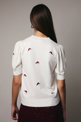 Mock Neck Santa Hat Embroidered Knit Top