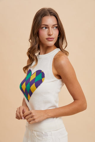 Mardi Gras Heart Sweater Top