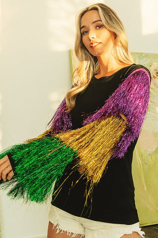 Tinsel Fringe Sleeve Mardi Gras Top