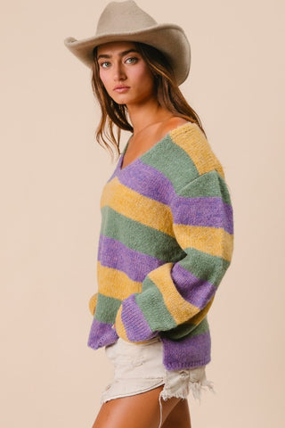 V-neck Mardi Gras Stripes Sweater