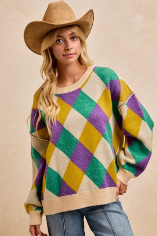 Mardi Gras Diamond Pattern Artwork Sweater Top