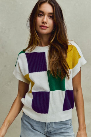 Mardi Gras Check Plaid Casual Sweater Top