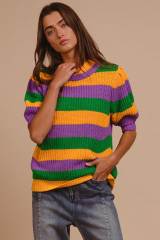 Mardi Gras Stripe Hacci Knit Half Sleeves Top