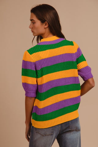 Mardi Gras Stripe Hacci Knit Half Sleeves Top
