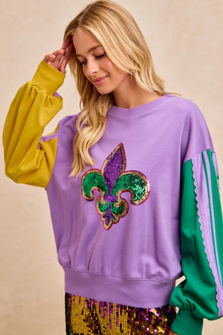 Mardigras Theme French Terry Color Block Lace Top