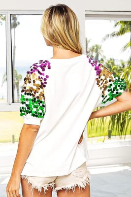 Queen of Mardi Sewn Letters Short Sequin Sleeve Top 