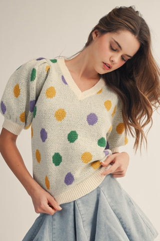 Mardi Gras Polka Dot Cream Sweater Top