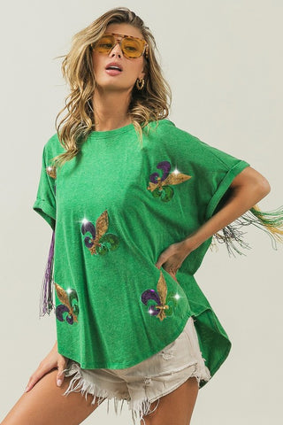 Mardi Gras Sequin Fleur De Lis Green Fringe Shirt