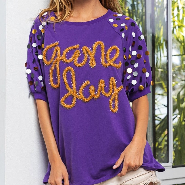 Sequin Sleeve Purple Game Day Top