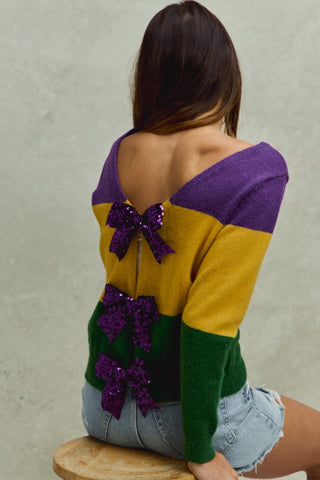 Mardi Gras Color Block Bow Sweater Top