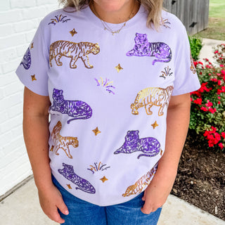 Purple, gold sequin tiger T-shirt