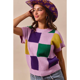 Mardi Gras Check Plaid Casual Sweater Top