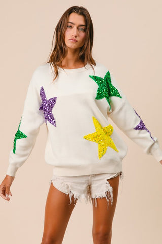 Sequin Velvet Star Patches Mardi Gras Sweater
