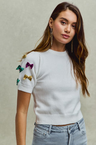Mardi Gras Glitter Ribbon Puff Sweater Knit Top