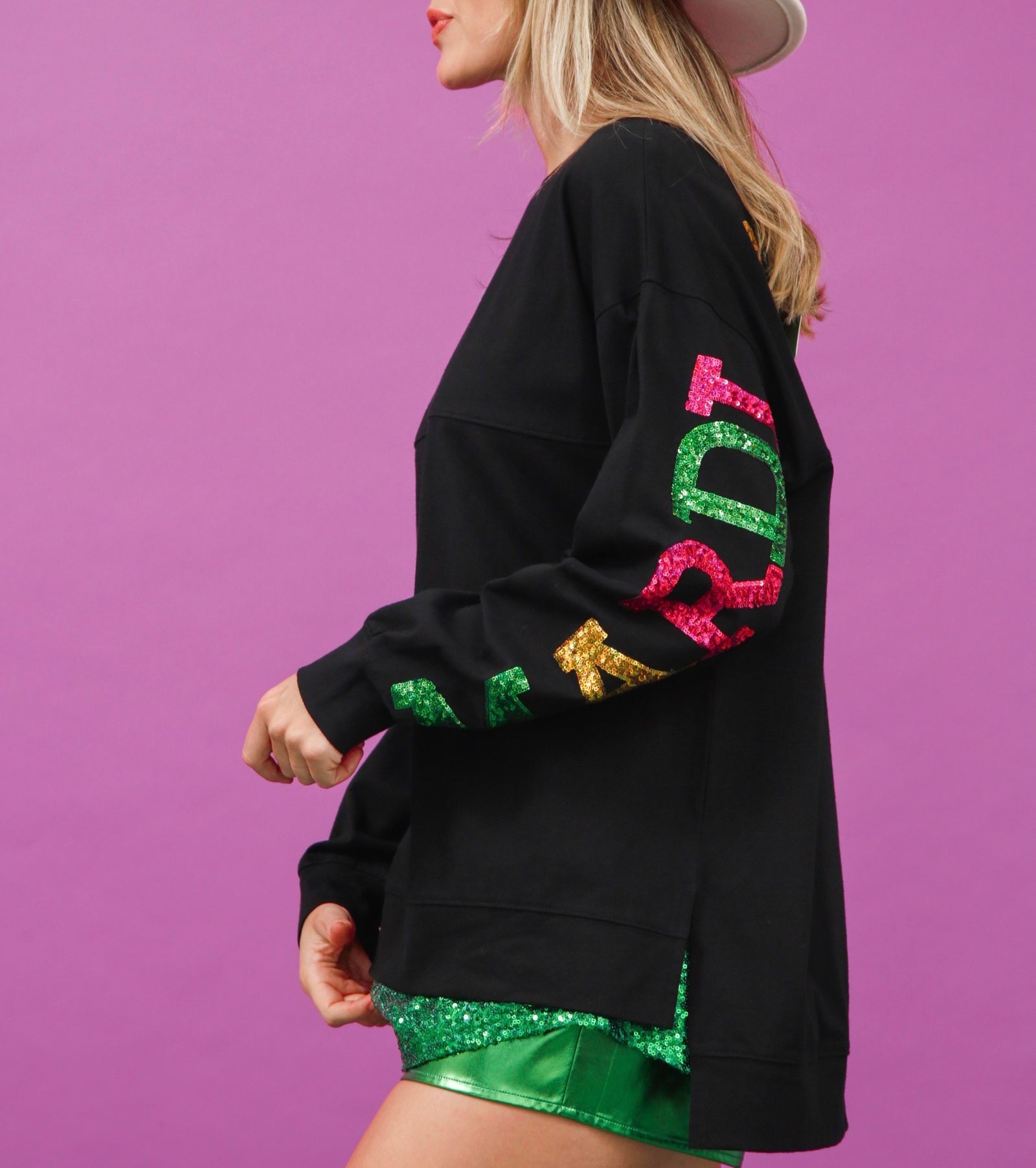 Mardi Gras Sweatshirt with Smiley Sequin Patches (Each) – Mardi