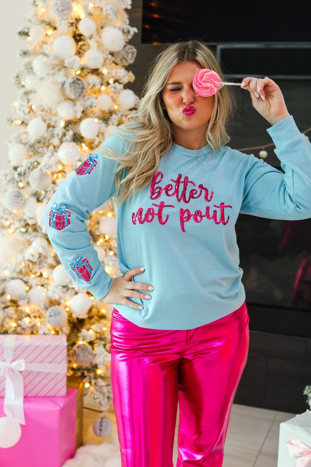 Better not Pout sequins Blue Christmas Pullover