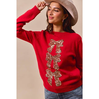 Sequin Ribbon Christmas Sweater Red