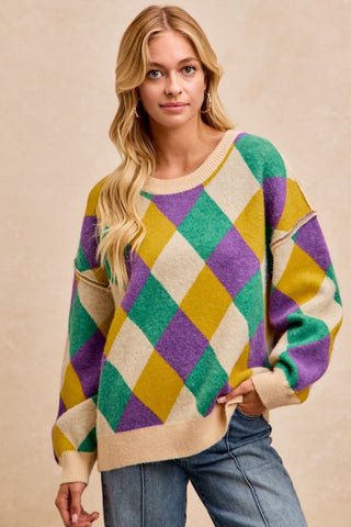 Mardi Gras Diamond Pattern Artwork Sweater Top