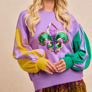 Mardigras Theme French Terry Color Block Lace Top