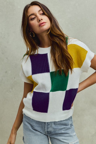 Mardi Gras Check Plaid Casual Sweater Top