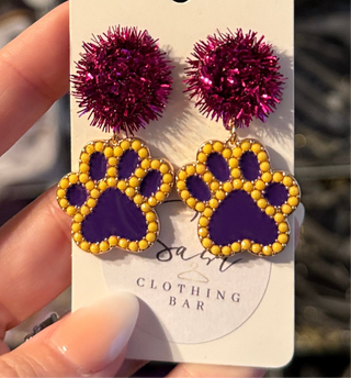 Tiger Earrings with Pompom and Rhinestones