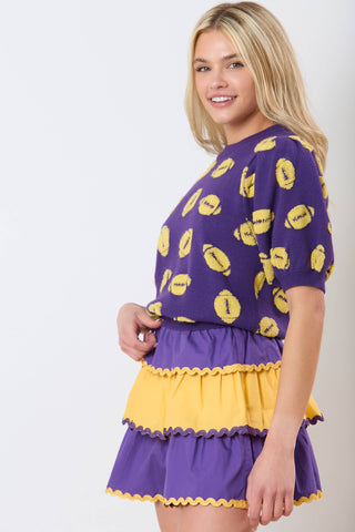 Football Embroidery Puff Purple Sweater 