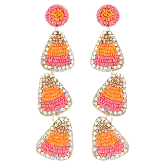 Pink Orange and Silver Candy corn  beaded Earrings