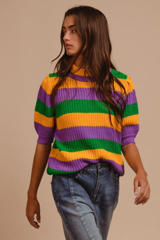Mardi Gras Stripe Hacci Knit Half Sleeves Top